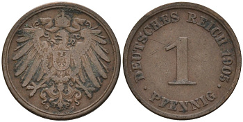 Германия 1 пфенниг 1905 J KM 10, J. 10 медь 4567-1218