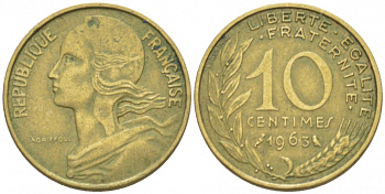 ФРАНЦИЯ 10 САНТИМОВ 1963 ТИП MARIANE KM 929, LE FRANC 144.3 алюминиевая бронза 3955-411