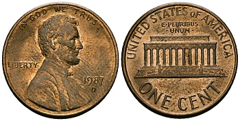 США 1 цент 1987 D, Линкольн KM 201b цинк плакированный медью 4136-325