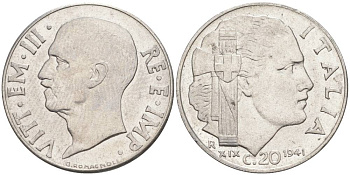 ИТАЛИЯ 20 ЧЕНТЕЗИМО 1941 R, ГОД XIX, ВИКТОР ЭММАНУИЛ III (1900-1946) KM 75b, VEM3. 1028 нержавеющая сталь 3853-611