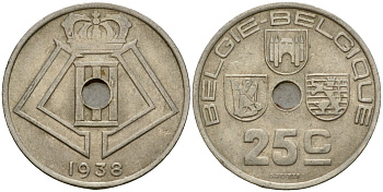 Бельгия 25 сантимов 1938 Belgie - Belgique KM 115 никель латунь 4601-633