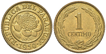 Парагвай 1 сентимо 1950 KM 20 алюминиевая бронза UNC 188-647