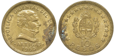 Уругвай 10 песо 1965 KM 48 алюминиевая бронза 88-1145