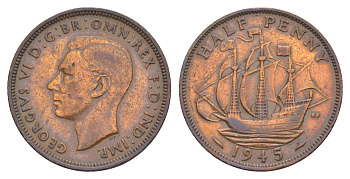 Великобритания 1/2 пенни 1945 Георг VI (1936-1952) KM 844, Spink 4115 бронза 4638-456