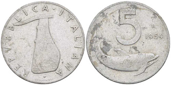 ИТАЛИЯ 5 ЛИР 1954 R, РУЛЬ, ДЕЛЬФИН KM 92 алюминий 175-116