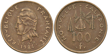 Французская Новая Каледония 100 франков 1984 хижина среди сосен и пальм, (IEOM) KM 15, Schoen 16, Lec 134 никель латунь 4137-746