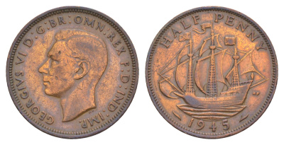 Великобритания 1/2 пенни 1945 Георг VI (1936-1952) KM 844, Spink 4115 бронза 4638-456