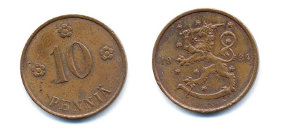 Финляндия 10 пенни 1934 республика (1918-1962) KM 24 медь 51-5417
