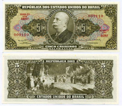 БРАЗИЛИЯ 5 КРУЗЕЙРО 1964 ПОДПИСЬ 14, СЕРИЯ 4498А, ESTAMPA 2A Pick 176d бумага UNC (ПРЕСС) 8612-14-3-2