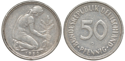 ФРГ 50 пфеннигов 1950 G KM 109, J. 384 медно-никель 4132-644