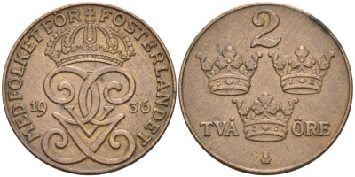 Швеция 2 эре 1936 Густав V (1907-1950), LONG 6 KM 778 бронза 67-311