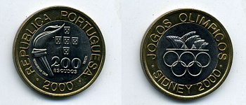 Португалия 200 эскудо 2000 XXVII олимпийские игры в Сиднее, факел KM 726 биметалл 29-312