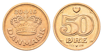 Дания 50 эре 2016 Маргрете II (1972-2024) KM 866 бронза UNC 76-564