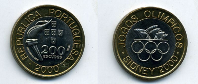 Португалия 200 эскудо 2000 XXVII олимпийские игры в Сиднее, факел KM 726 биметалл 29-312