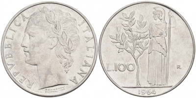 ИТАЛИЯ 100 ЛИР 1964 R, АФИНА KM 96.1 нержавеющая сталь 73-436