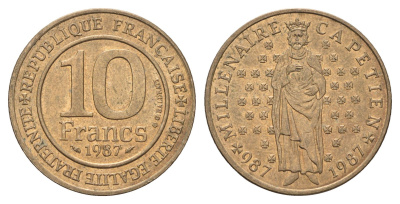 Франция 10 франков 1987 Тысячелетие династии Капетингов KM 961 никель латунь aUNC 4660-255