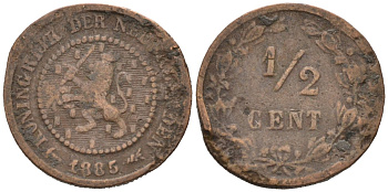 Нидерланды 1/2 цента 1885 Виллем III (1849-1890) KM 109 бронза 4576-264