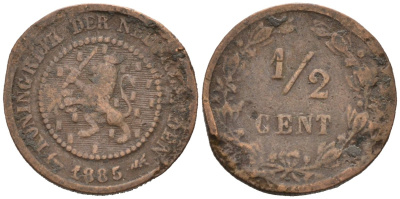 Нидерланды 1/2 цента 1885 Виллем III (1849-1890) KM 109 бронза 4576-264