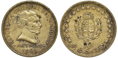 Уругвай 10 песо 1965 KM 48 алюминиевая бронза 88-524