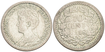 НИДЕРЛАНДЫ 10 ЦЕНТОВ 1918 ВИЛЬГЕЛЬМИНА серебро 188-1121