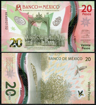 Мексика 20 песо 2021 армия Трех Гарантий, крокодил Pick 132 (4) пластик UNC (пресс) 447-64-1
