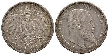 Вюртемберг 2 марки 1892 F, Вильгельм II (1891-1918) Weege 170, J. 174, KM 631 серебро 413-4822