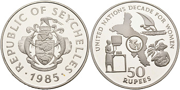 Сейшельские острова 50 рупий 1985 год женщин, тираж 500 экз. KM 54 серебро PROOF 1098-4-24