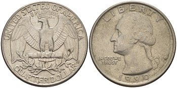 США 25 центов = квотер 1990 D, Вашингтон KM А164а медь плакированная медно-никелем 31-754