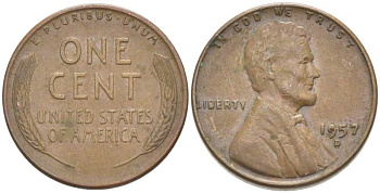 США 1 ЦЕНТ 1957 D, ЛИНКОЛЬН KM А132 медь цинк 218-715