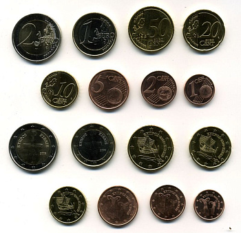 Кипр евронабор из 8 монет 2008 (1, 2, 5, 10, 20, 50 евроцентов, 1, 2 евро), две монеты биметалл UNC N3-12