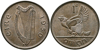 ИРЛАНДИЯ 1 ПЕННИ 1950 КУРИЦА С ЦЫПЛЯТАМИ KM 11 бронза 4531-711