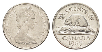 Канада 5 центов 1965 Елизавета II (1952-2022), бобр KM 60.1 никель 4639-446