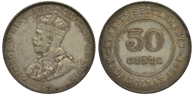 Стрейтс-Сетлментс 50 центов 1921 Георг V (1910-1936) KM 35.1 серебро 1521-225