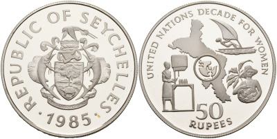 Сейшельские острова 50 рупий 1985 год женщин, тираж 500 экз. KM 54 серебро PROOF 1098-4-24