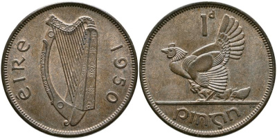ИРЛАНДИЯ 1 ПЕННИ 1950 КУРИЦА С ЦЫПЛЯТАМИ KM 11 бронза 4531-711