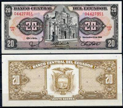 Эквадор 20 сукре 1988 Церковь Общества Иисуса, серия LR Pick 121A a (2)  бумага  UNC (пресс) 447-110-3