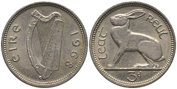 Ирландия 3 пенса 1968 заяц KM 12а медно-никель 4532-964