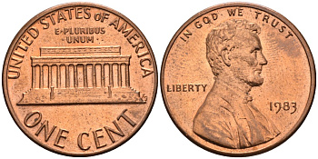 США 1 цент 1983 Линкольн KM 201b цинк плакированный медью 4580-417