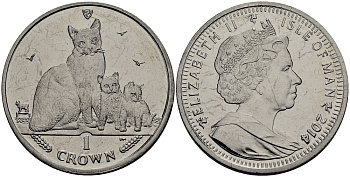 Остров Мэн 1 крона 2014 кошка сноу-шу с котятами KM 1558 медно-никель UNC M94-02