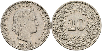 Швейцария 20 раппенов 1902 B KM 29 никель 4606-735