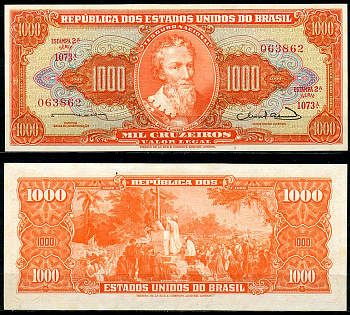 Бразилия 1000 крузейро ND (1963) Педру Алвариш Кабрал, первая Святая месса в Бразилии, Estampa 2, серия 1073 Pick 181  бумага  00-00
