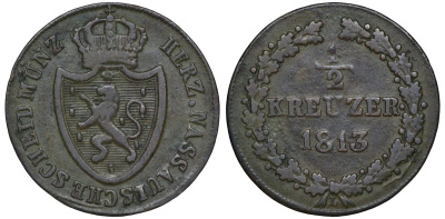 Нассау 1/2 крейцера 1813 Фридрих Вильгельм (1788-1816) KM 33 медь    188-452