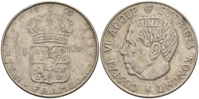 Швеция 1 крона 1955 TS, Густав VI Адольф (1950-1973) KM 826 серебро 4148-1144