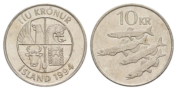 Исландия 10 крон 1994 рыбы KM 29.1 медно-никель 4635-142