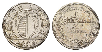 Швейцарские Кантоны, Люцерн 1 батцен = 10 раппенов 1807 KM 101 серебро 650-912