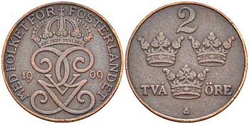 Швеция 2 эре 1909 Густав V (1907-1950) KM 778 бронза 119-957