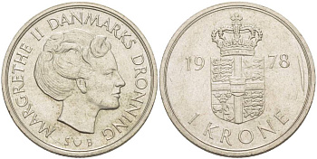 Дания 1 крона 1978 S; B, Маргрете II (1972-) KM 862.1 медно-никель 4551-1256