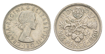 Великобритания 6 пенсов 1966 Елизавета II (1952-2022) KM 903, Spink 4149 медно-никель 4643-327
