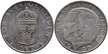 Швеция 1 крона 1990 Карл XVI Густав (1973- ) KM 852a медно-никель 4398-1241