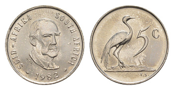 ЮАР 5 центов 1982 Окончание президентства Бальтазара Йоханнеса Форстера KM 111 никель UNC 4598-669